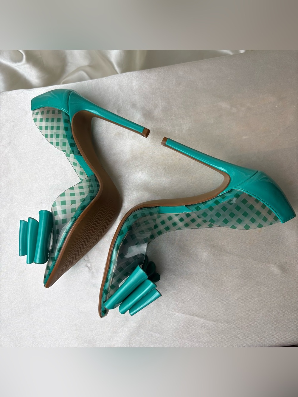 Betsey Johnson Teal Gingham & Clear Vinyl Heels - Picture 5 of 9